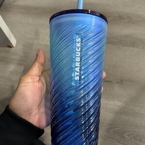 Starbucks Glass Tumbler - Blue Diagonal Sheen Ombre Textures Swirl - NWT - 18 oz
